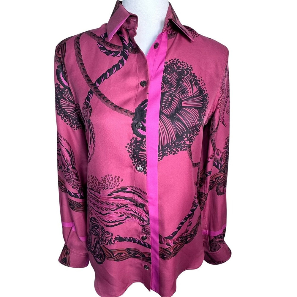 SALVATORE FERRAGAMO Womens 2 Magenta Pink Silk Rope Print Blouse Button Up Shirt